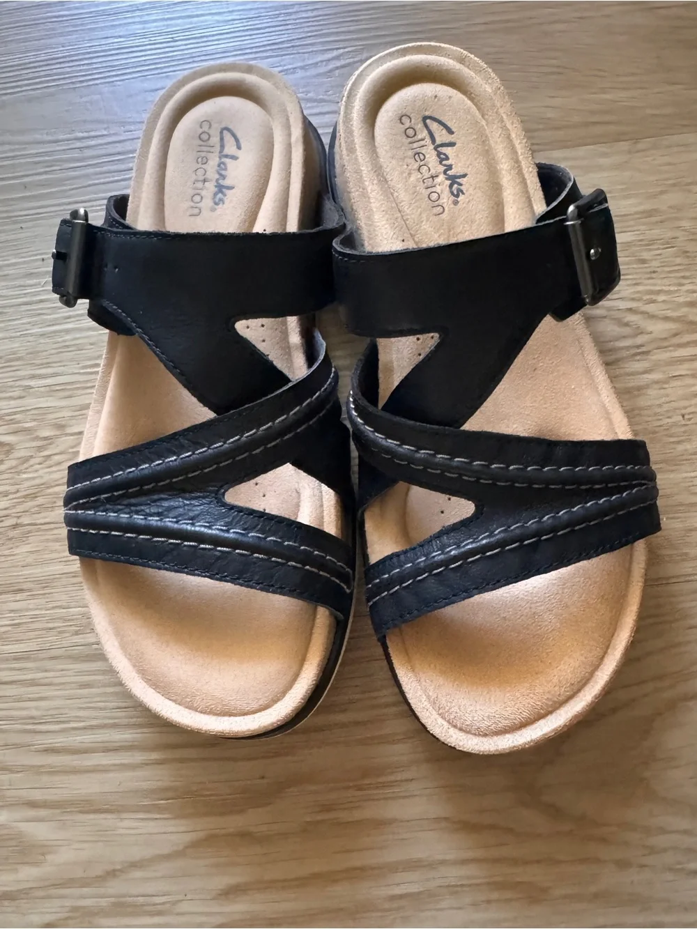 Clarks Black Leather Slip-On Sandals with Buckle